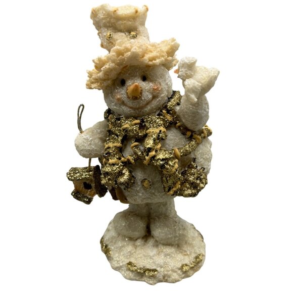 Vintage Bobbly head Snowman Figurine with Gold Accents & Birdhouse Used READ - Picture 1 of 7